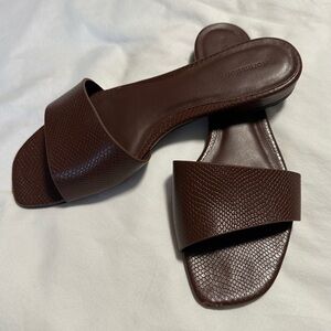 REFORMATION- gently worn Joey Asymmetrical Flat Sandal / Chestnut Snake Emboss